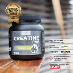 Dose von Creatine Pro auf einer Holzoberfläche im Freien mit einem Qualitätssiegel und dem Hinweis auf Zufriedenheit der Kunden.