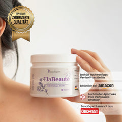ElaBeaute Dose präsentiert von einer Frau, unterstrichen durch ein Qualitätssiegel und Hinweise zur Verfügbarkeit bei Amazon und in Apotheken.