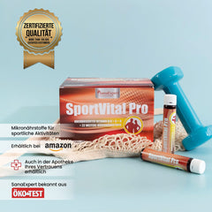 SportVital Pro Verpackung und Nahrungsergänzungsmittelröhrchen neben einer blauen Hantel, Qualitätszertifikat und Verfügbarkeitshinweise im Bild.