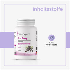 Flasche von SanaExpert Acai Berry mit 120 Kapseln auf purpurnem Hintergrund, neben der Flasche sind Inhaltsstoffinformationen abgebildet.
