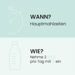 Grafische Darstellung der Einnahmehinweise für SanaExpert Arthro Forte, hervorhebend, dass zwei Kapseln täglich zu den Hauptmahlzeiten mit Wasser einzunehmen sind, auf helltürkisem Hintergrund.