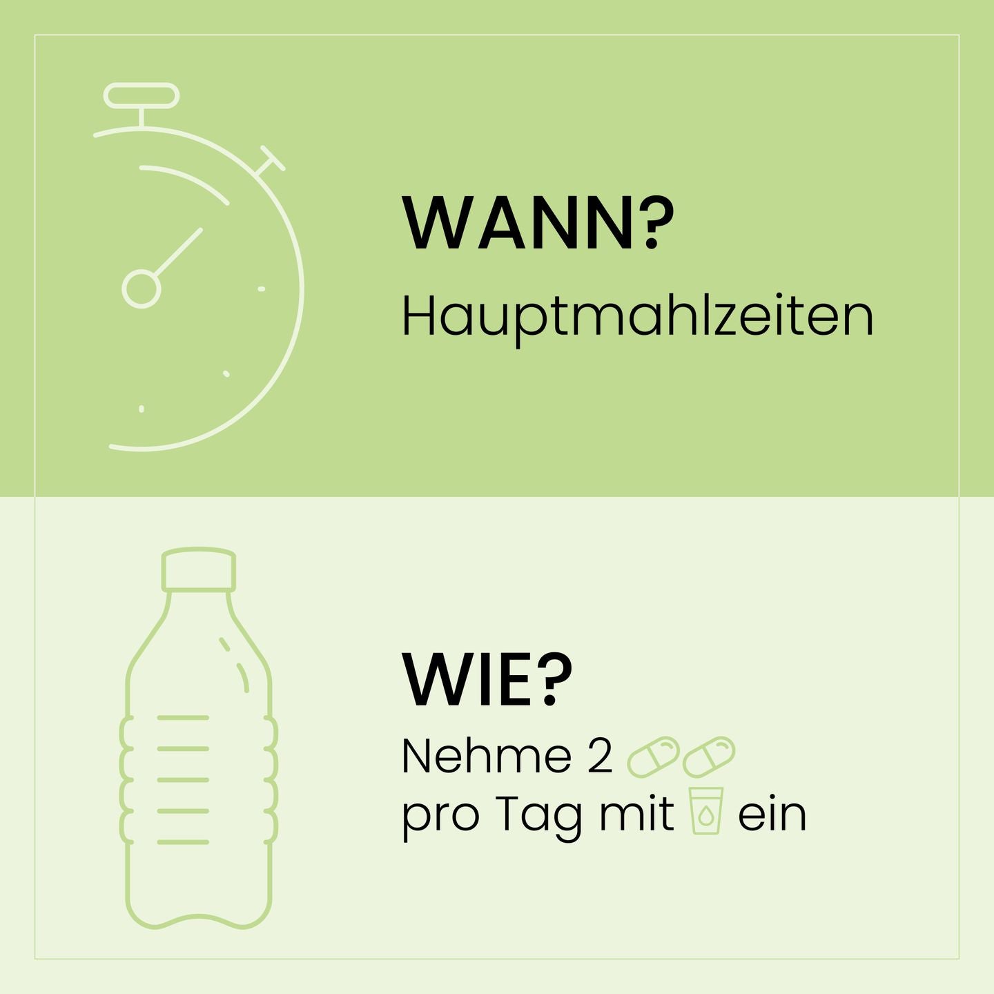Grafik mit Anweisungen zur Einnahme von SanaExpert Supplements, betont die Einnahme von zwei Kapseln zu den Hauptmahlzeiten.