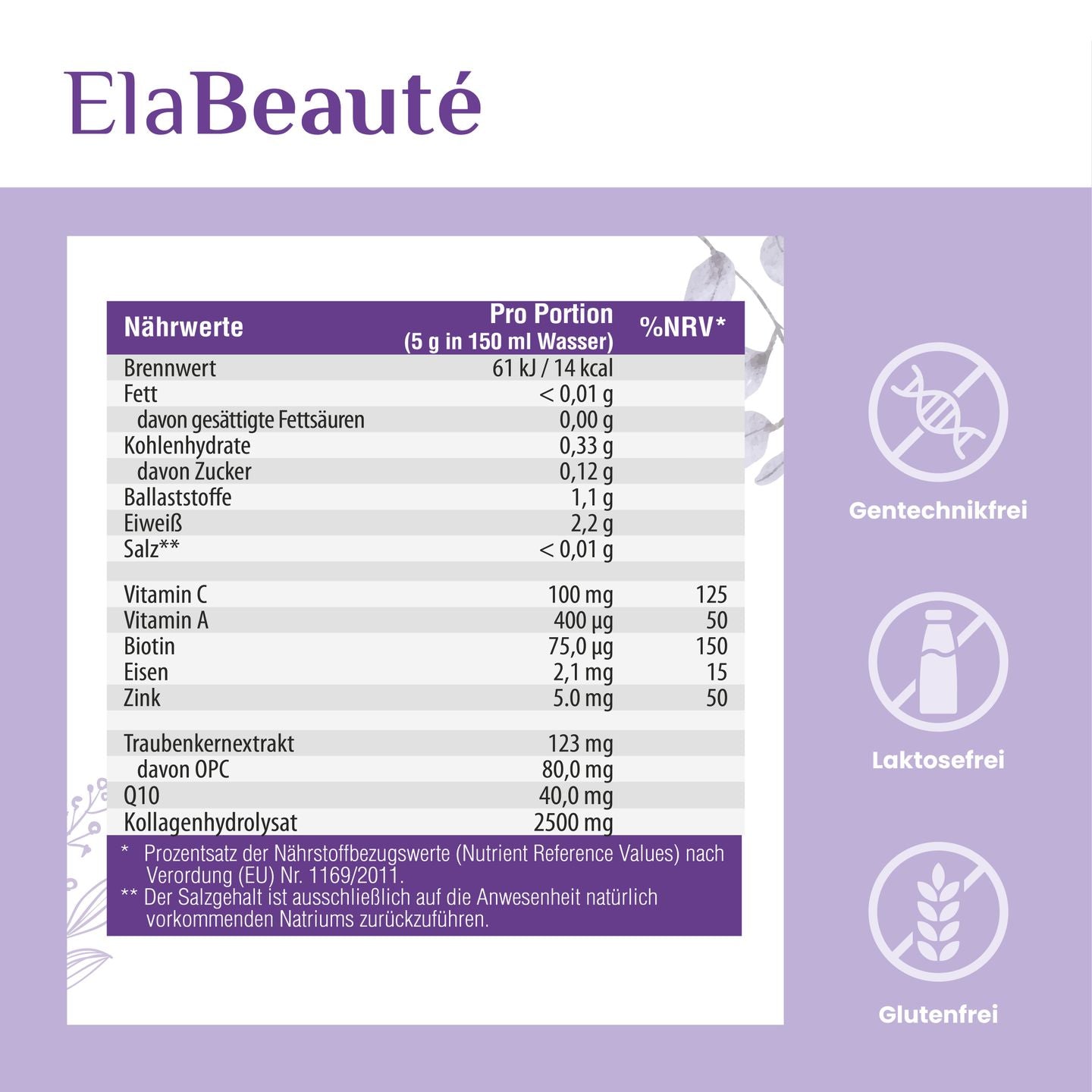 Nahaufnahme einer ElaBeaute Dose mit einer lila Nährwerttabelle, die Informationen zu Vitaminen, Biotin, Eisen, Zink, Traubenkernextrakt und Kollagenhydrolisat enthält, sowie Hinweise auf Laktosefreiheit, Gentechnikfreiheit und Glutenfreiheit.