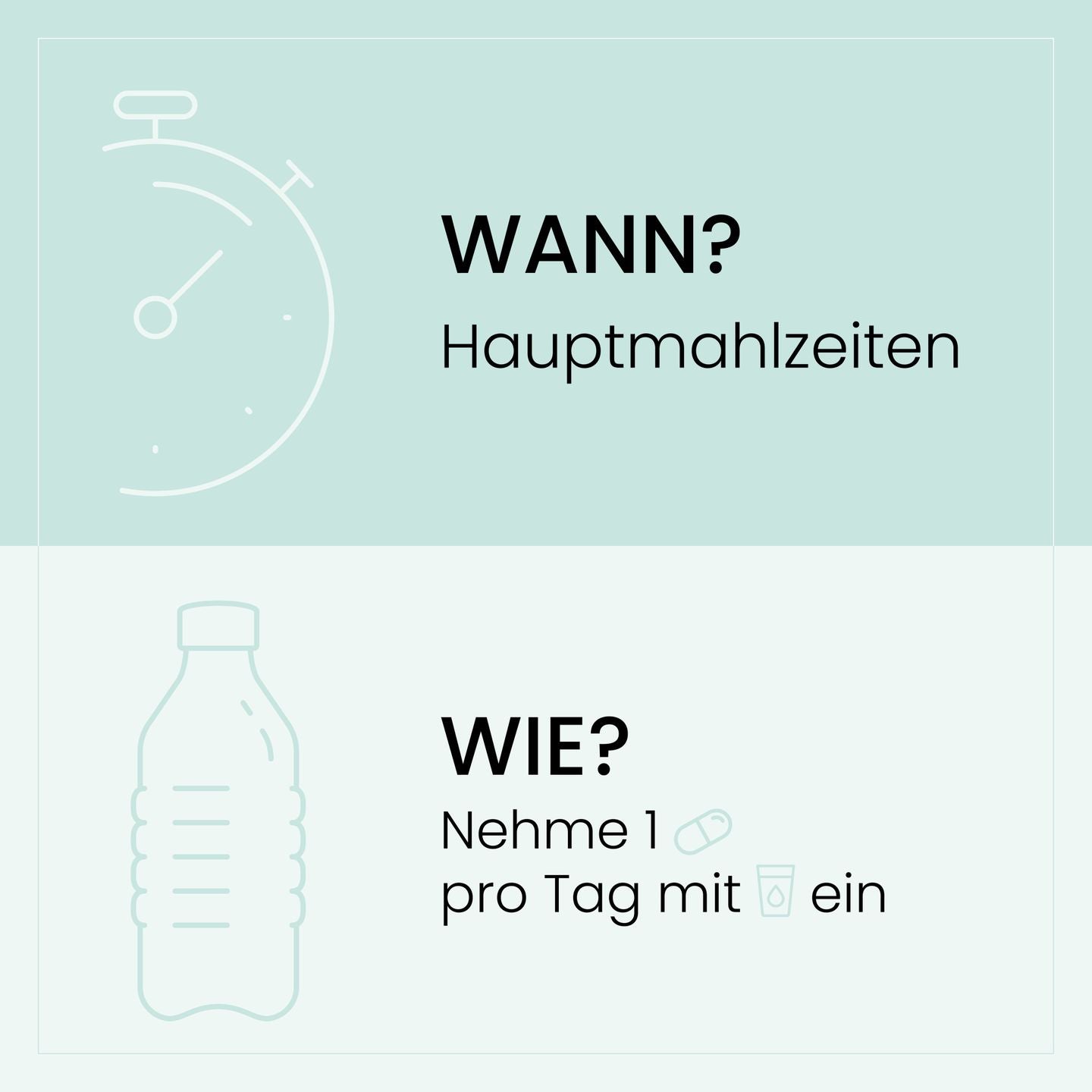 Grafik mit Einnahmehinweisen für Gastro Forte, zeigt eine Uhr und eine Wasserflasche und empfiehlt eine Kapsel täglich zu den Hauptmahlzeiten.