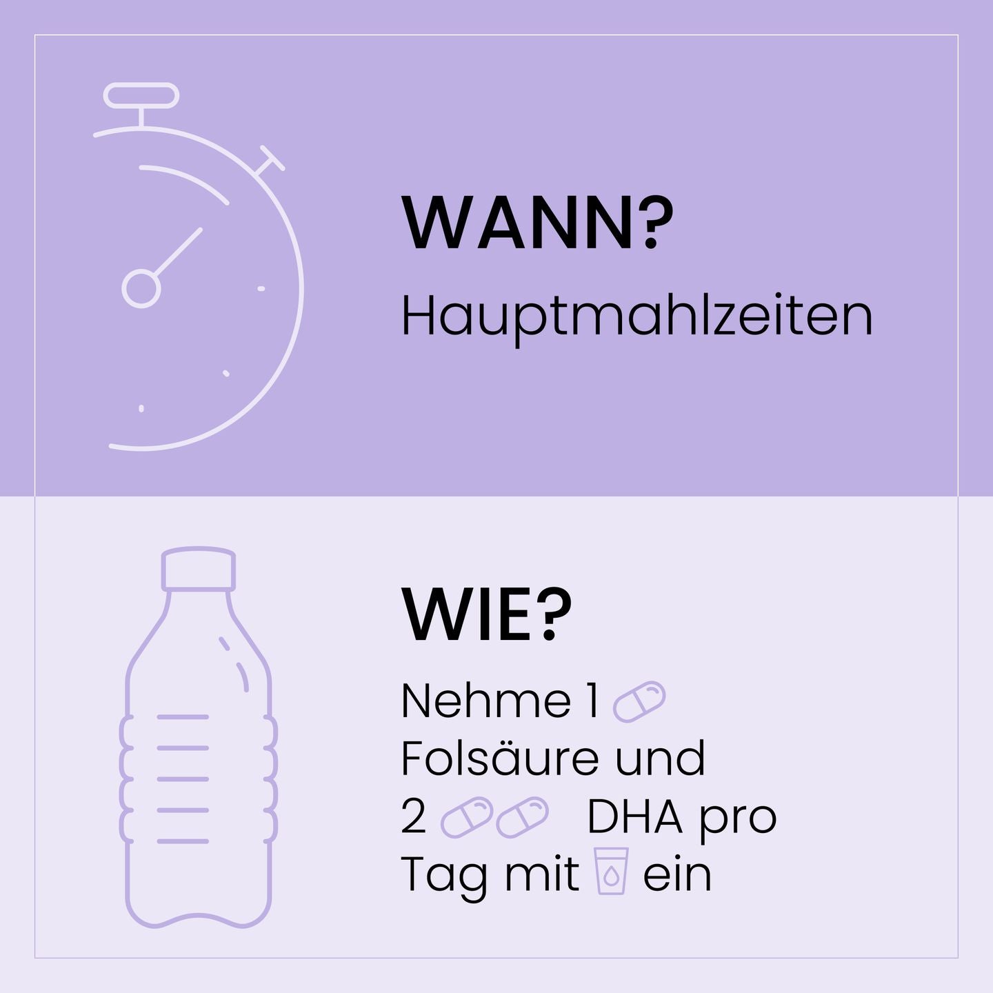  Illustration eines Zeitplans für die Einnahme von Nahrungsergänzungsmitteln mit einem Symbol einer Uhr, Flasche und Tabletten, in lila Farbschema.