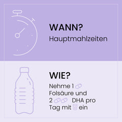  Illustration eines Zeitplans für die Einnahme von Nahrungsergänzungsmitteln mit einem Symbol einer Uhr, Flasche und Tabletten, in lila Farbschema.
