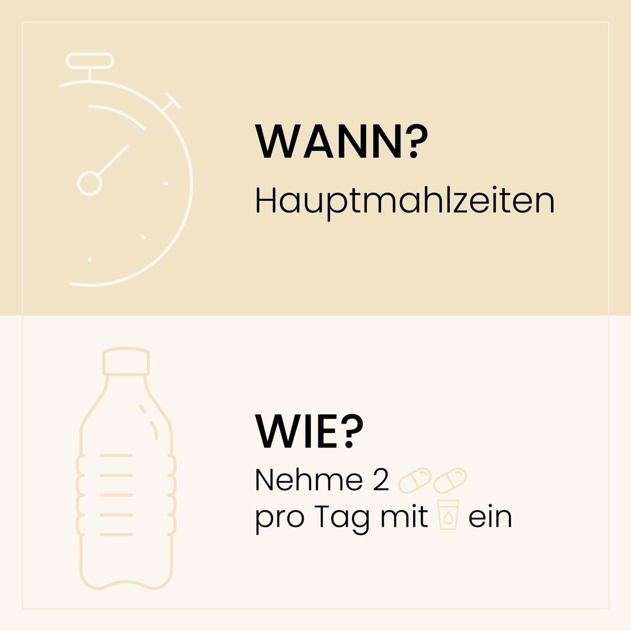 Grafische Darstellung der empfohlenen Einnahme von SanaExpert Osteo Forte: Zwei Kapseln täglich zu den Hauptmahlzeiten mit Wasser.