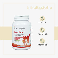 Eine Flasche SanaExpert Osteo Forte mit einer grafischen Darstellung der Hauptinhaltsstoffe Calcium, Vitamin D3 und Vitamin K2, die zur Unterstützung der Knochenstruktur beitragen.